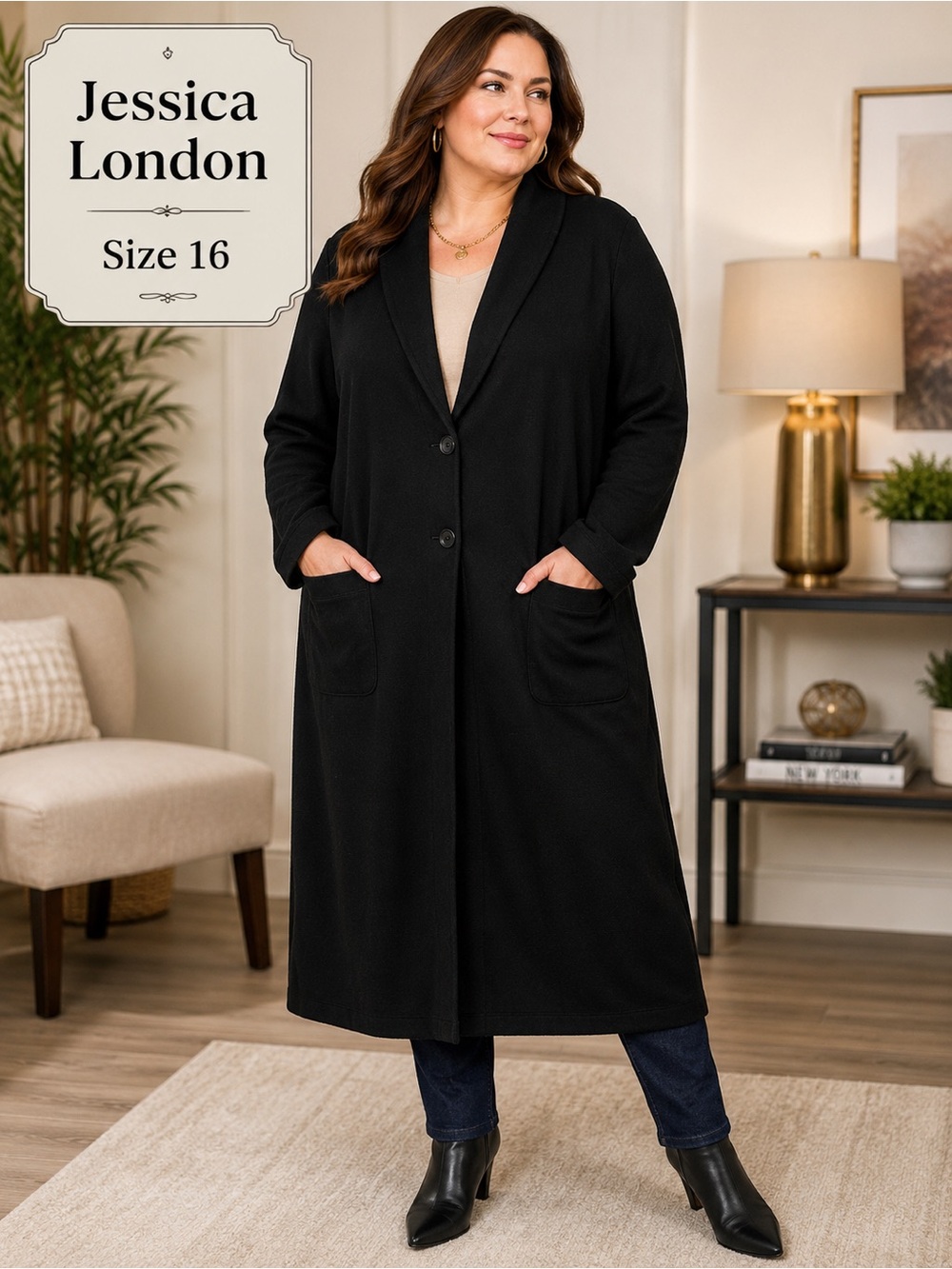 Jessica London Black Long Duster Cardigan Jacket Size 16